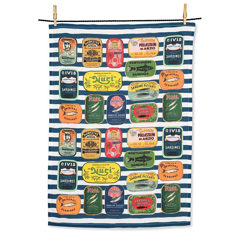 Sardine Tins on Stripes Kitchen Towel 20x28"