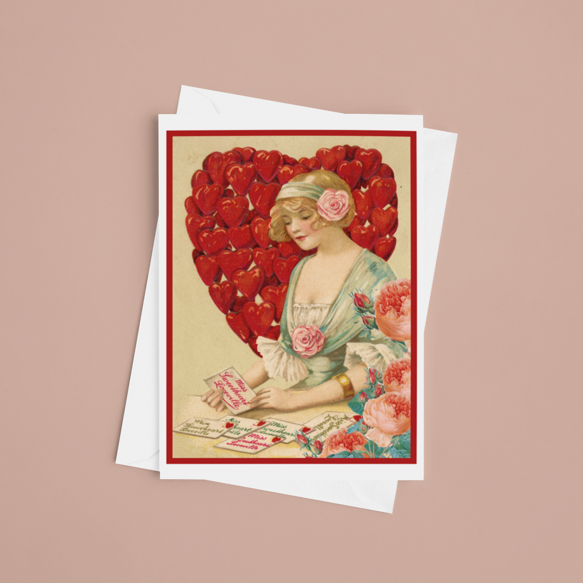 Greeting Card. Vintage Woman With Heart of Hearts.