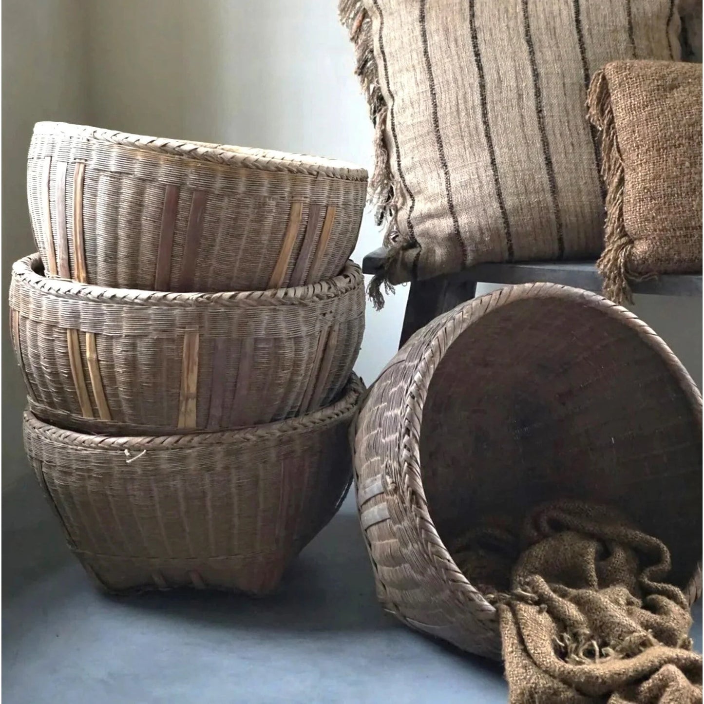 Large Antique Bamboo Rice Basket