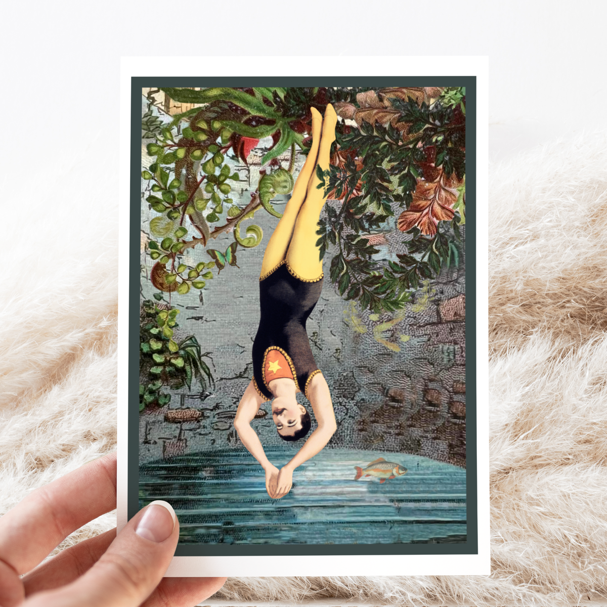 Greeting Card. Vintage Man Diving Into A Well.