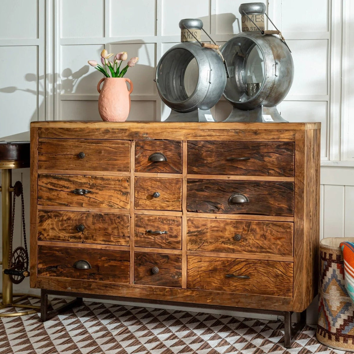 Reclaimed Wood Drawer Chest w/iron stand