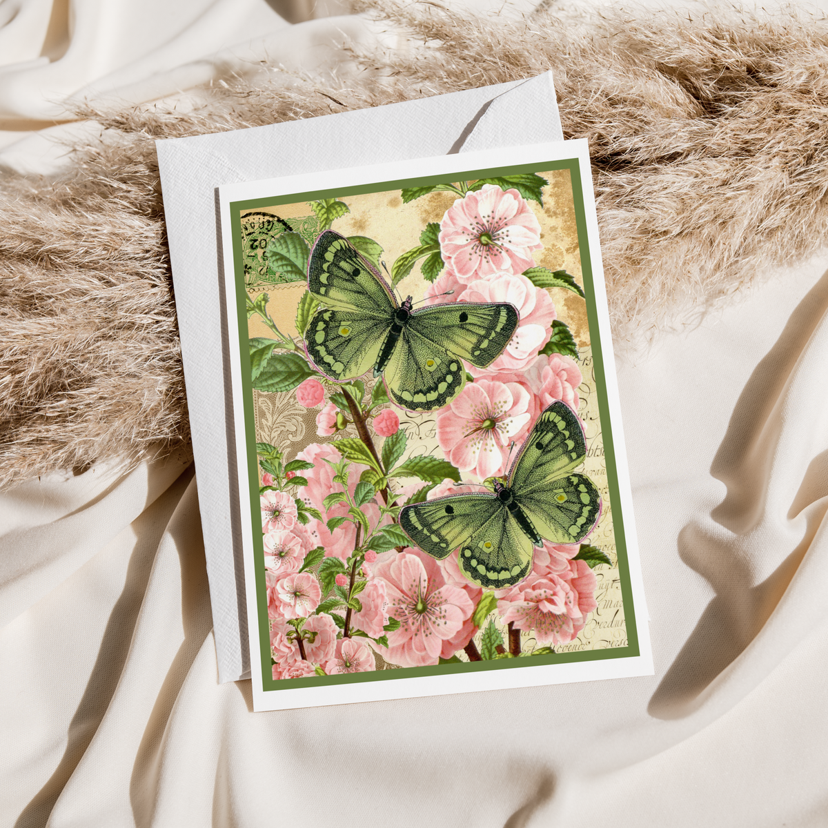 Greeting Card. Pink Flowers with Green Moths.