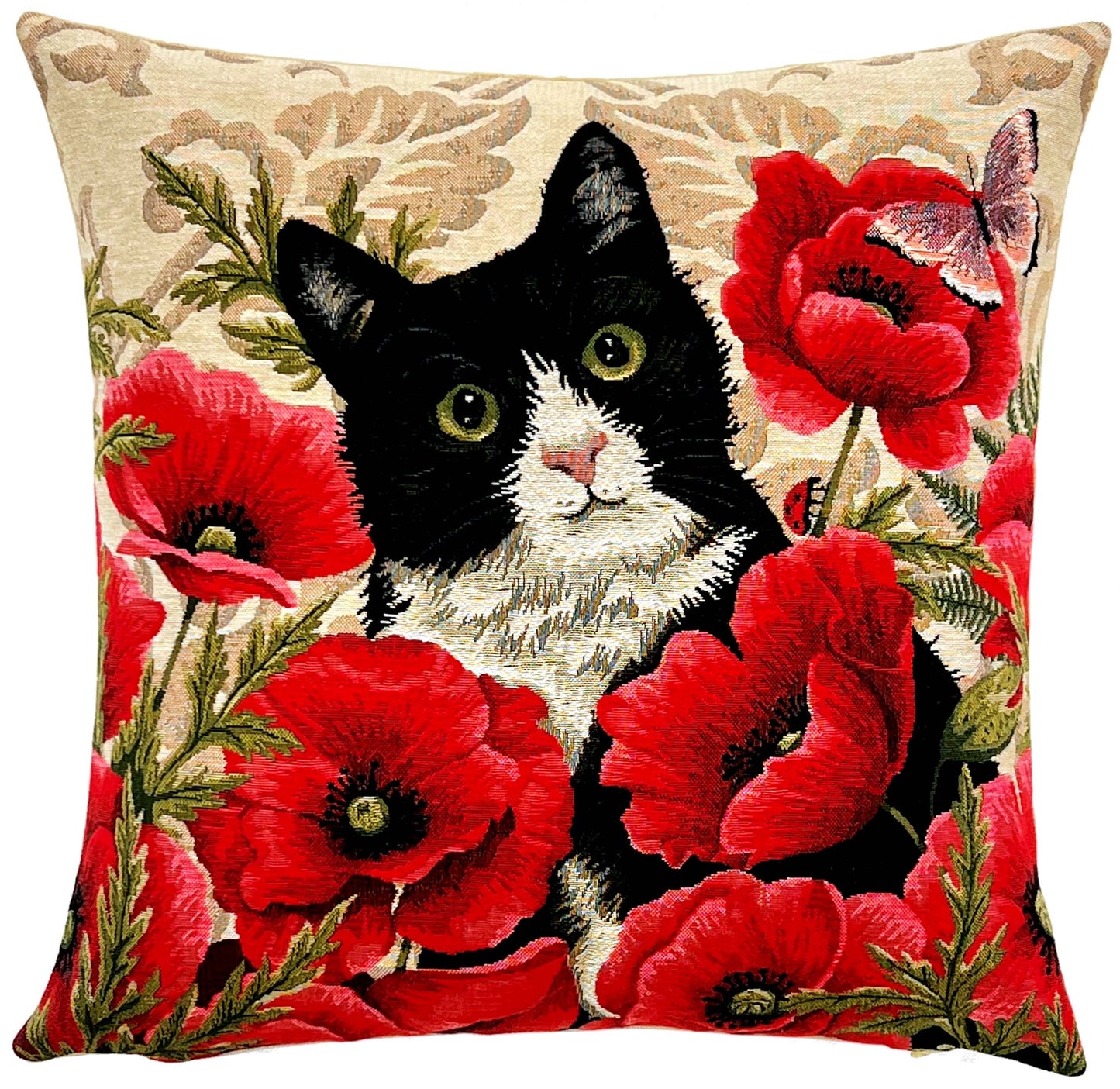 Cat and Poppies Cushion Cover 18"