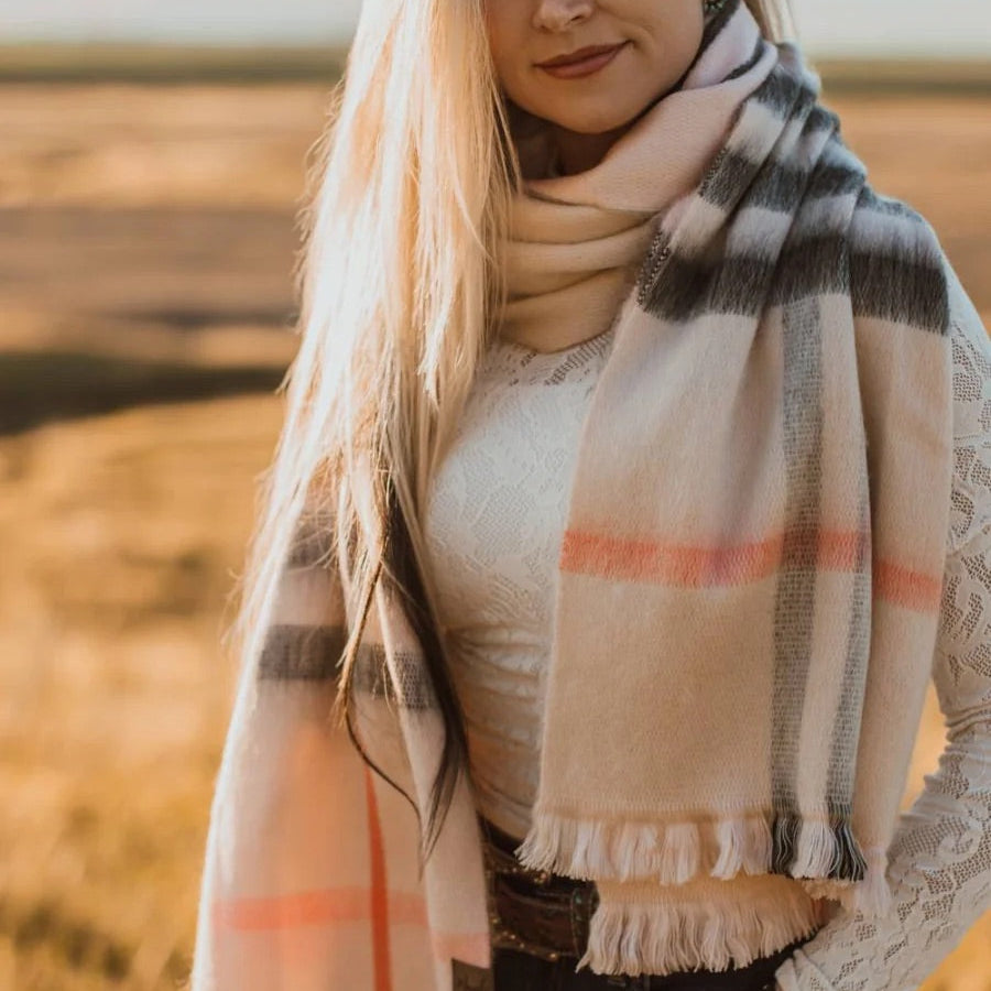 Cherry Blossom Metro Plaid Alpaca Blanket Scarf
