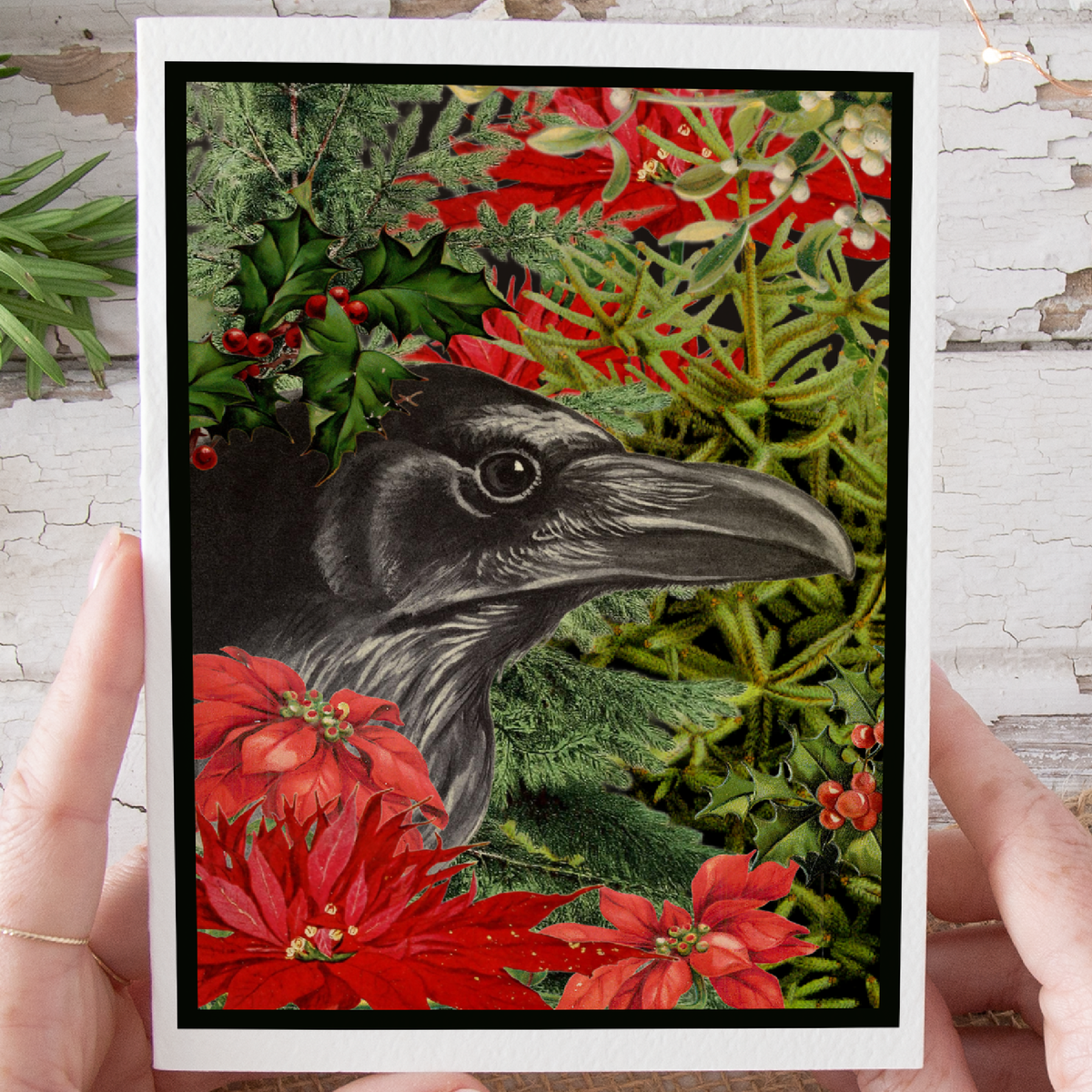 Christmas Card. Vintage Raven in Xmas Greenery.