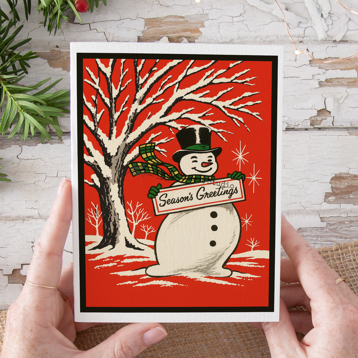 Christmas Card. Bold Vintage Style Red Snowman with Greeting