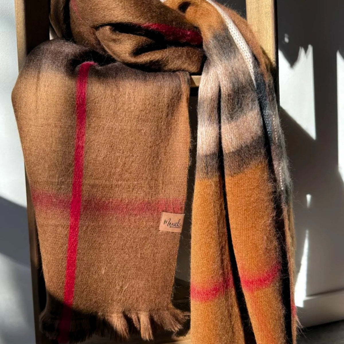 Cognac Metro Plaid Alpaca Blanket Scarf