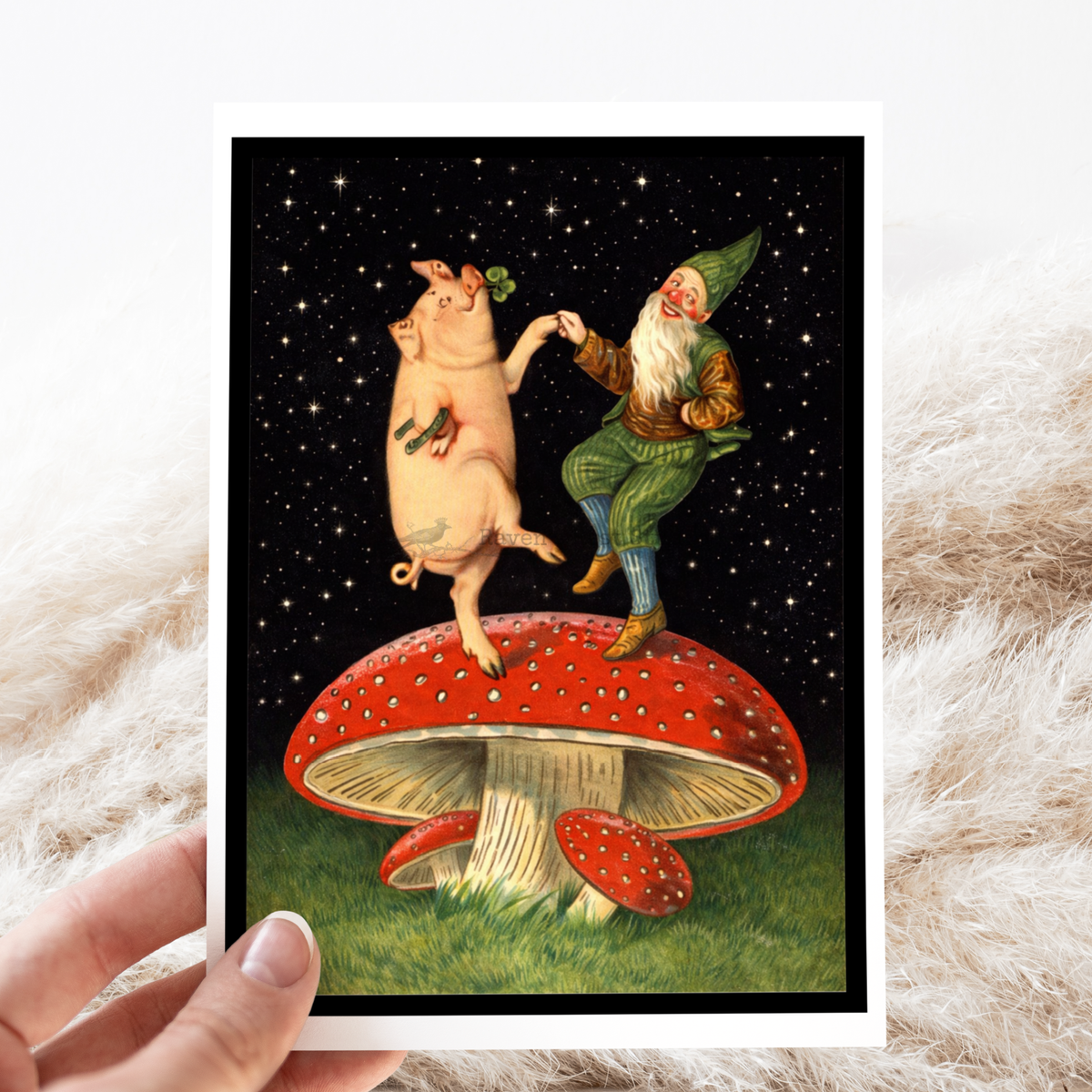 Greeting Card. Gnome Pig Mushroom Night Dance. Just Because.