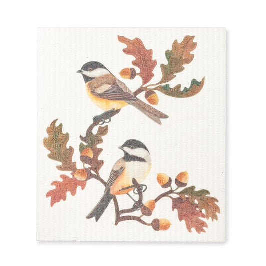 Chickadee & oak leaf dishcloth