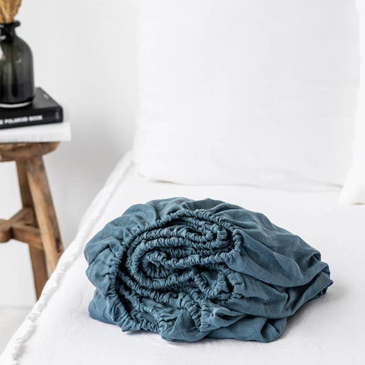 Grey Blue Linen Fitted Sheet Queen