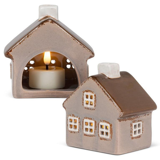Small Grey Ceramic Tea light House 3.5"H