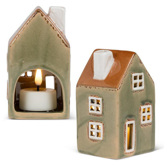 Med Green Ceramic Tea light House 4"H