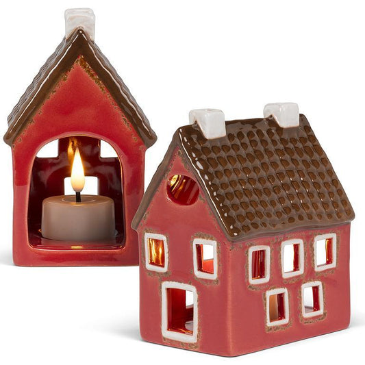 Large Red Ceramic Tea Light House 4.5"H
