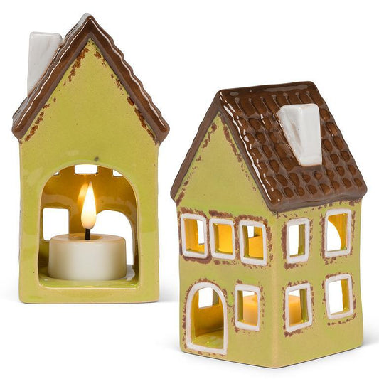 Large Green Ceramic Tea Light House 5"H