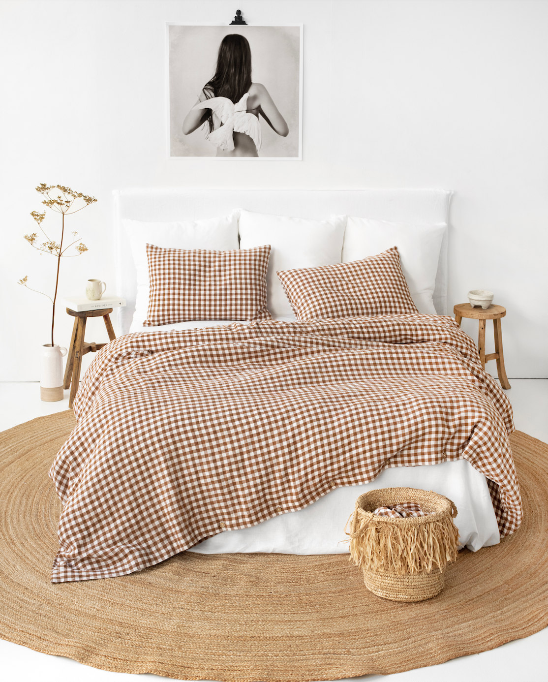 Cinnamon gingham linen duvet cover Queen