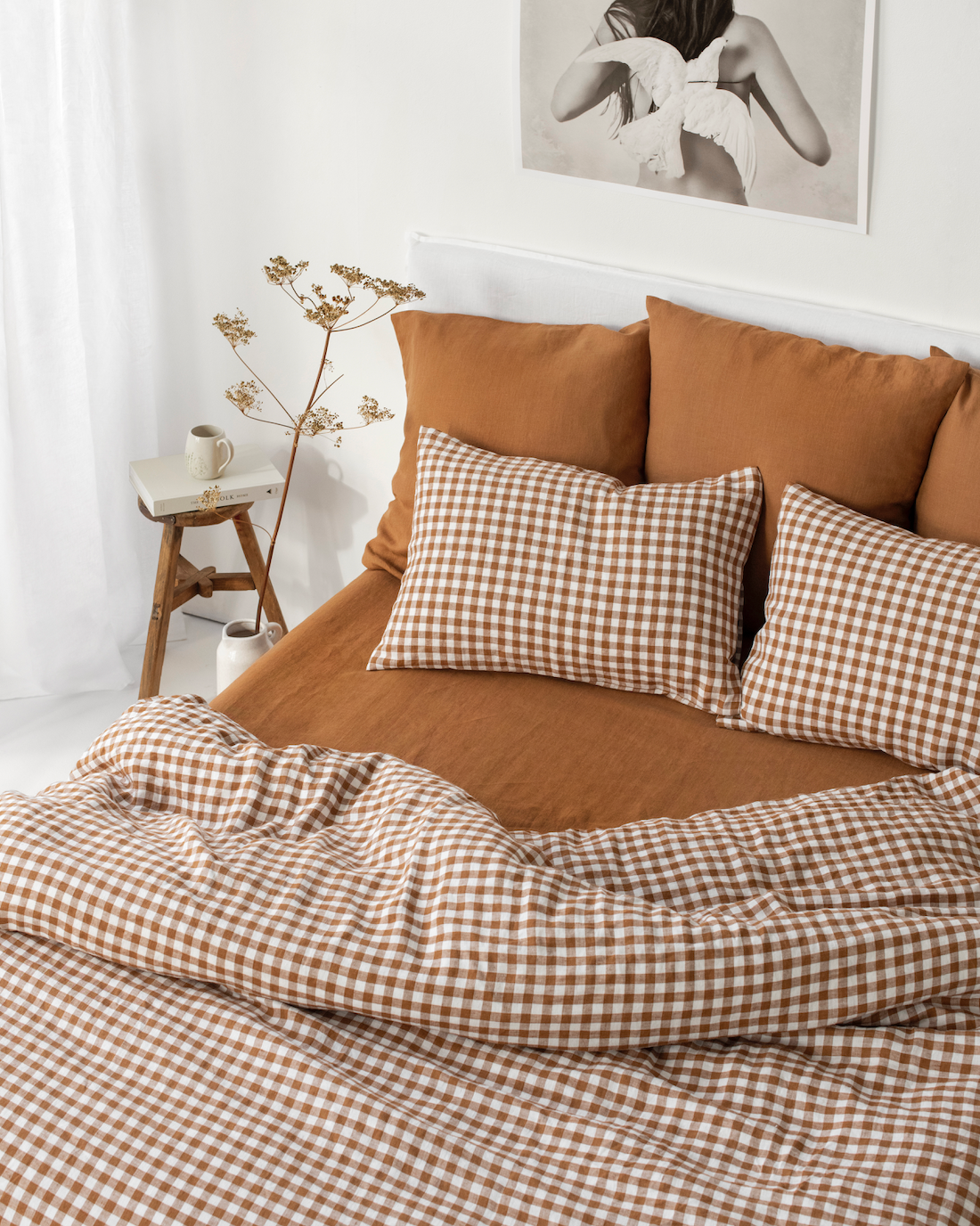 Cinnamon gingham linen duvet cover Queen