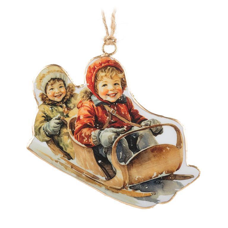 Kids on Toboggan Ornament 4.5"H