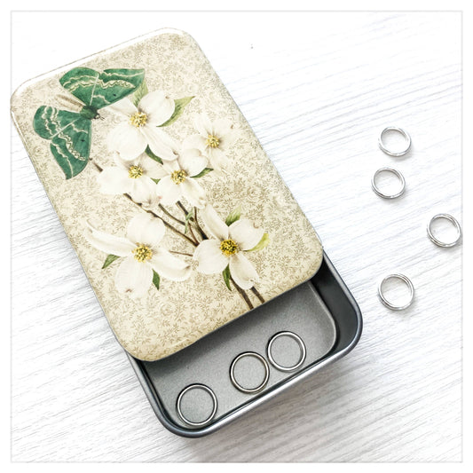 Green Moth and Dogwood Notions Tin