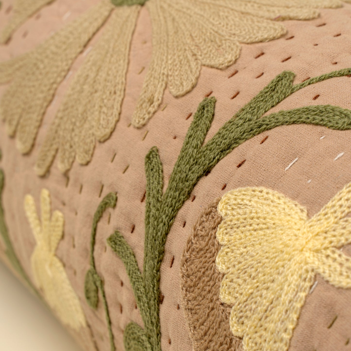 Suzani Embroidered Kantha Bolster Beige