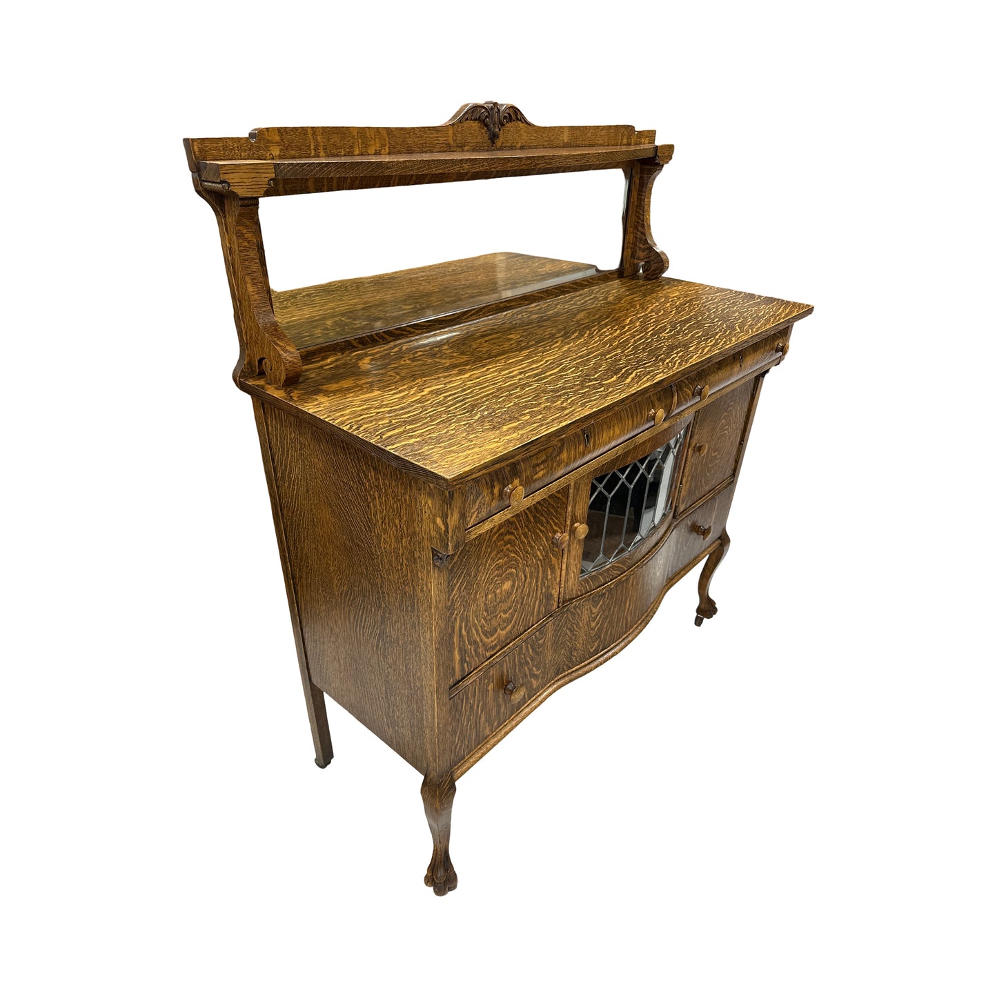 Antique Tiger Oak Buffet w/lead glass