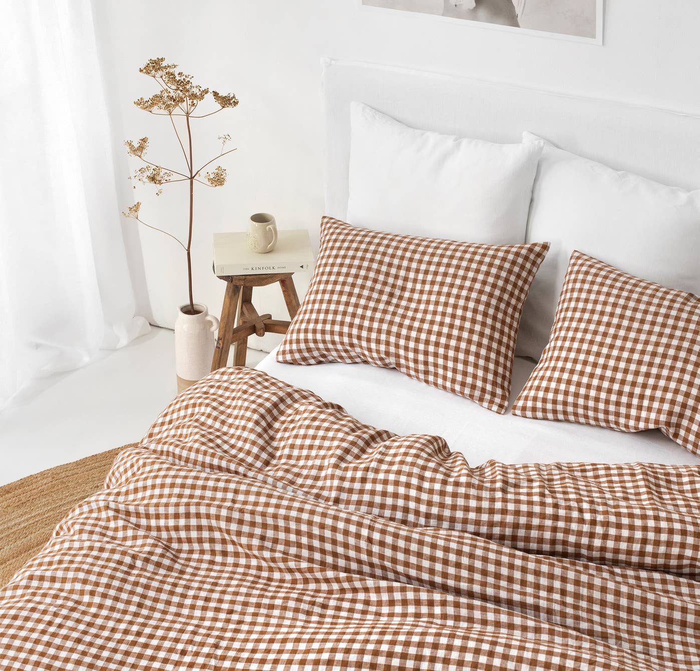 Cinnamon gingham linen duvet cover Queen