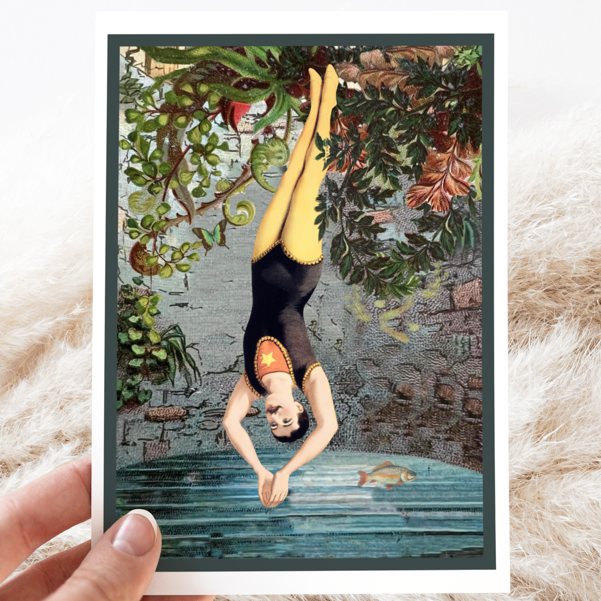 Greeting Card. Vintage Man Diving Into A Well.