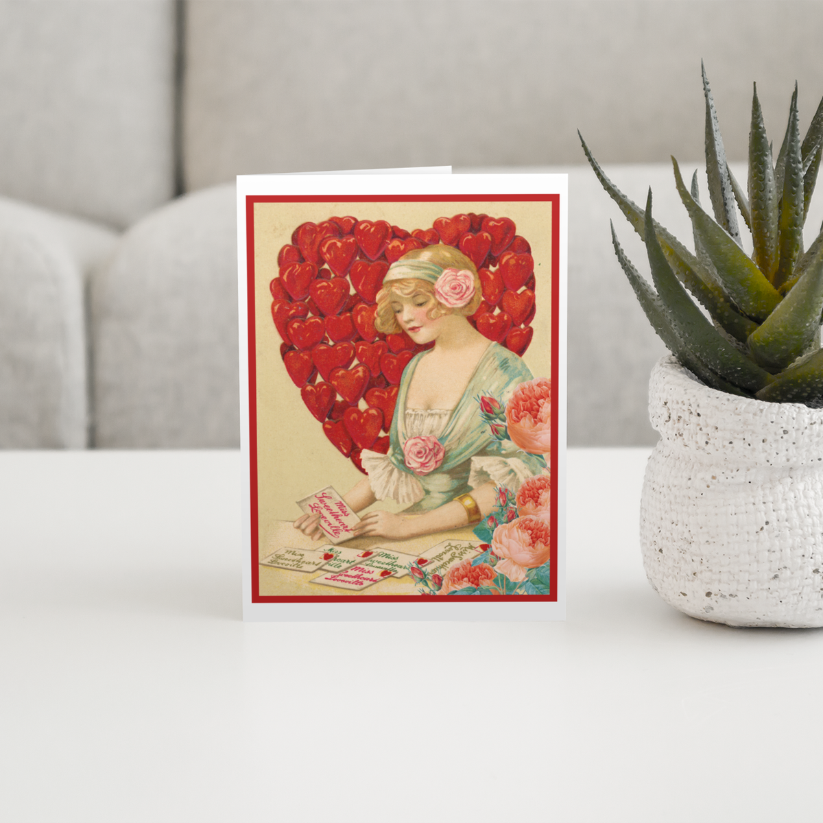 Greeting Card. Vintage Woman With Heart of Hearts.