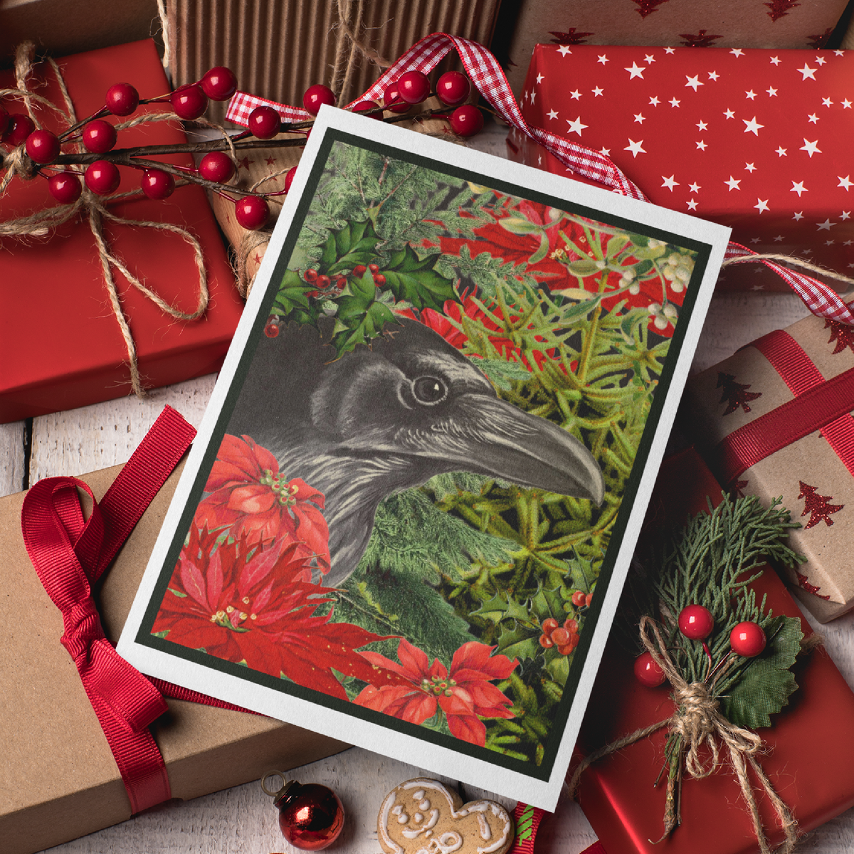 Christmas Card. Vintage Raven in Xmas Greenery.