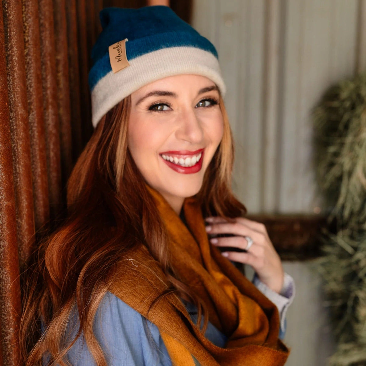 Teal & Cream Reversible Alpaca Beanie