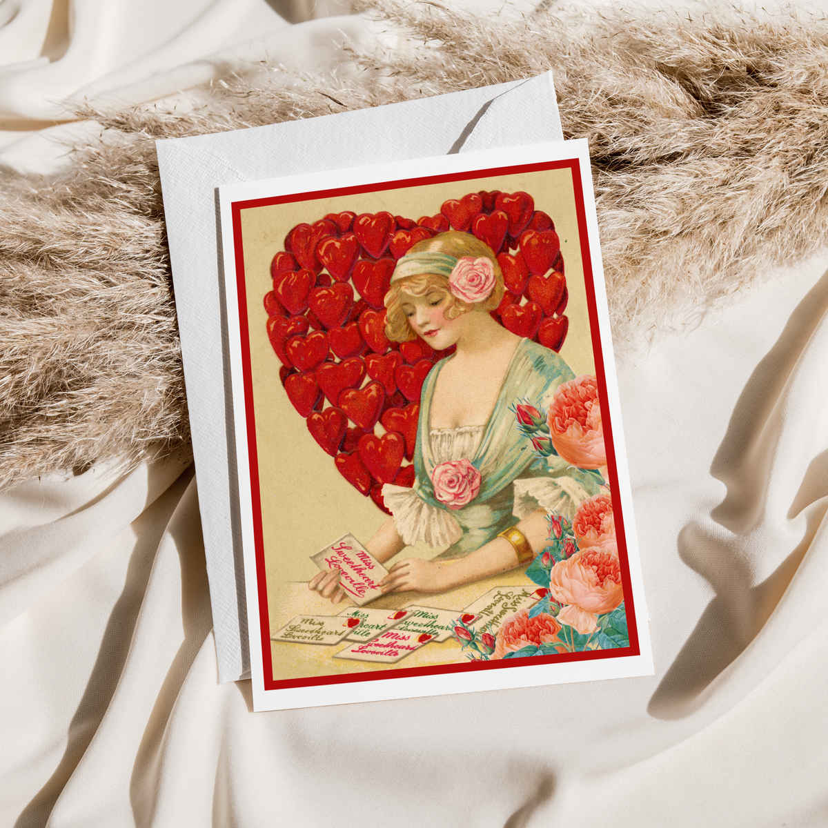 Greeting Card. Vintage Woman With Heart of Hearts.