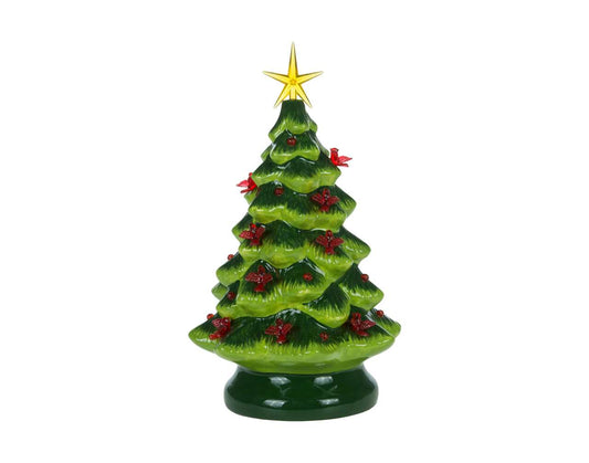 Ceramic Xmas Tree w/LED + Cardinals 14"