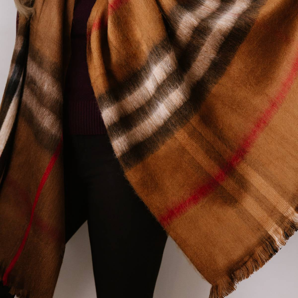 Cognac Metro Plaid Alpaca Blanket Scarf