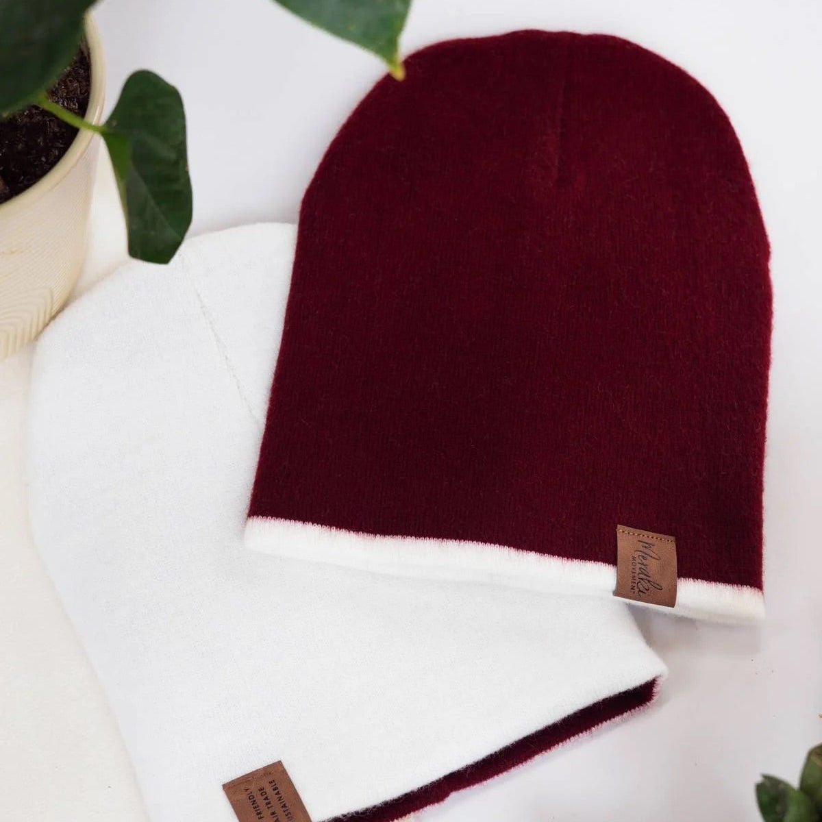 Burgundy & White Reversible Alpaca Beanie