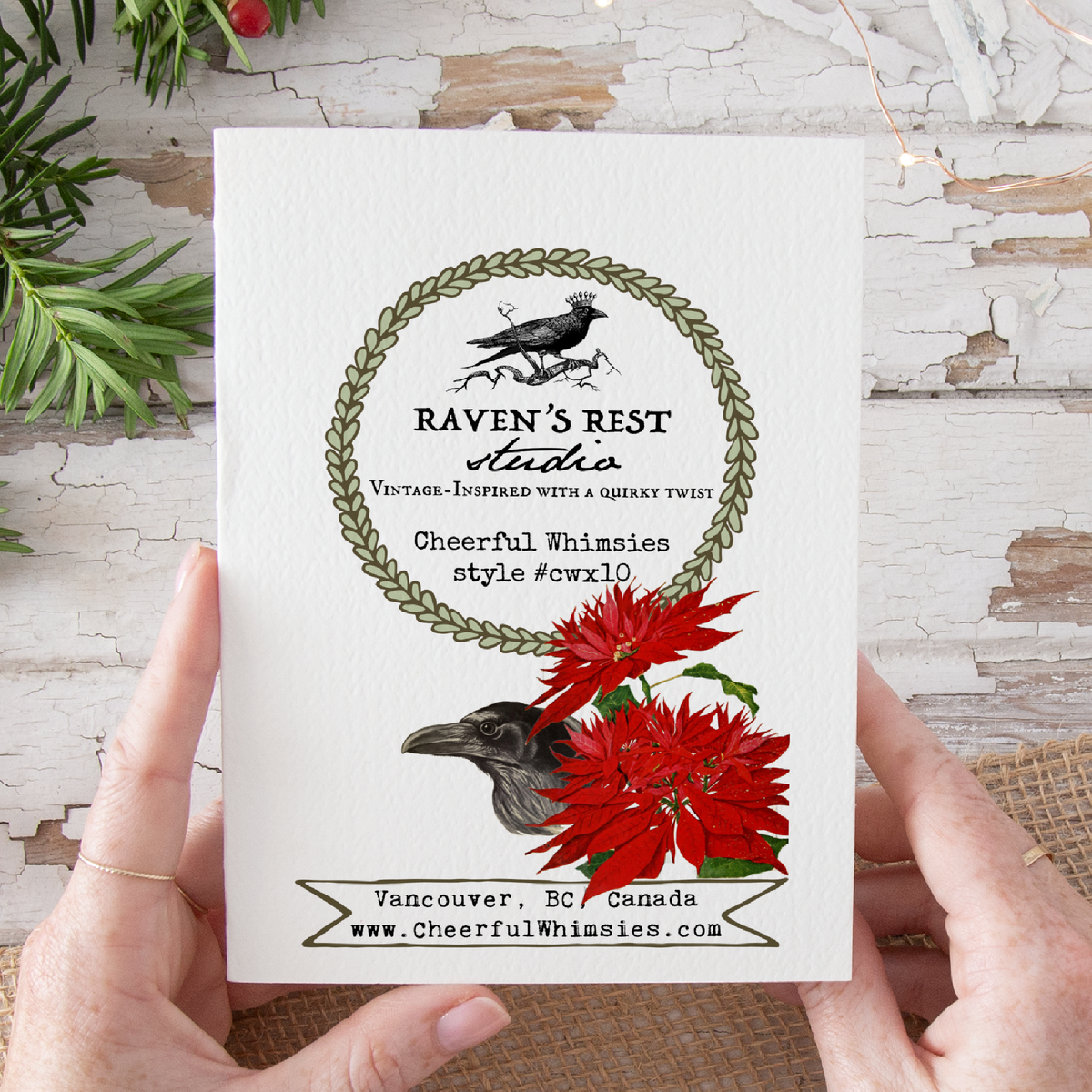 Christmas Card. Vintage Raven in Xmas Greenery.