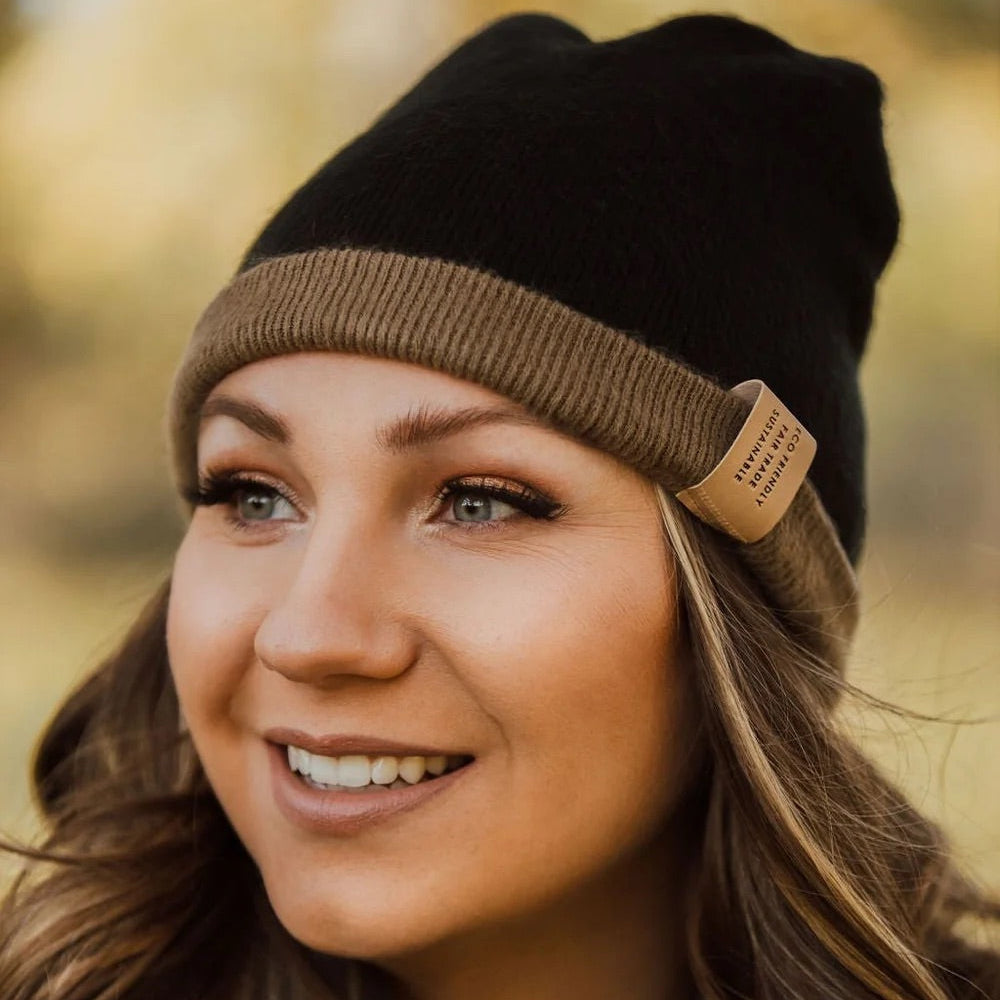 Black & Beige Reversible Alpaca Beanie