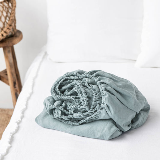 Dusty Blue Linen Fitted Sheet Queen