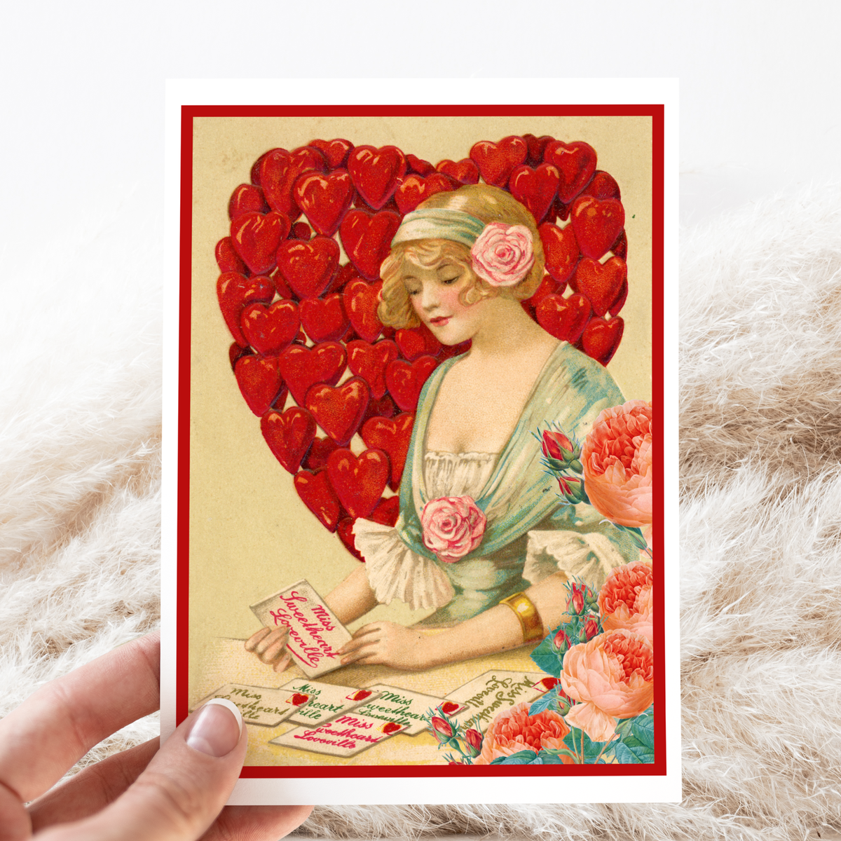 Greeting Card. Vintage Woman With Heart of Hearts.