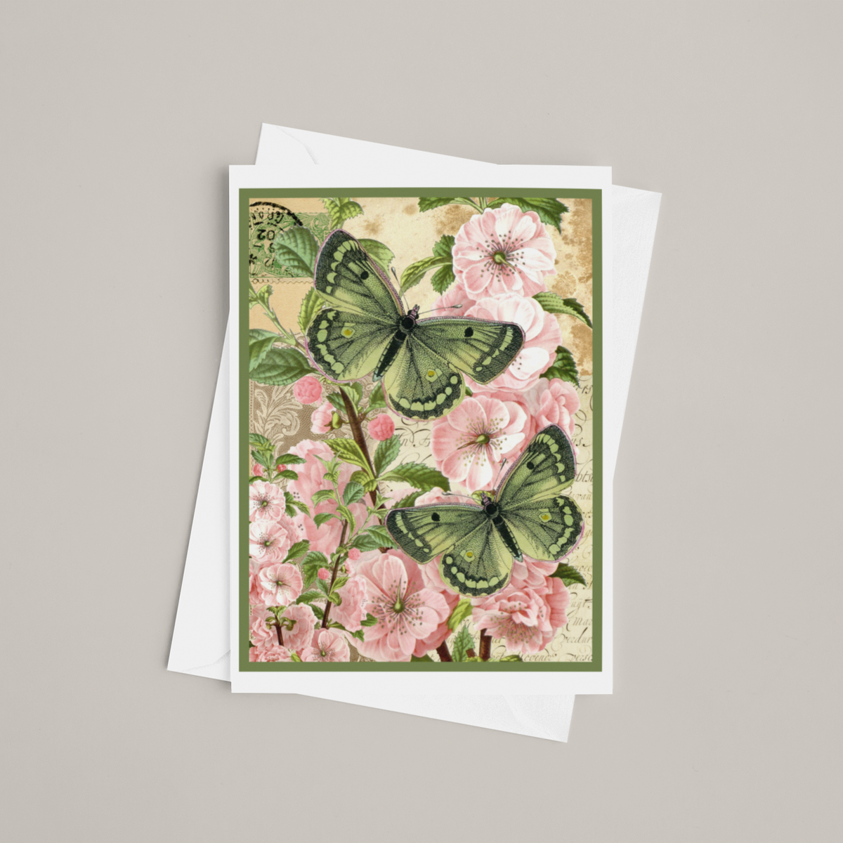 Greeting Card. Pink Flowers with Green Moths.