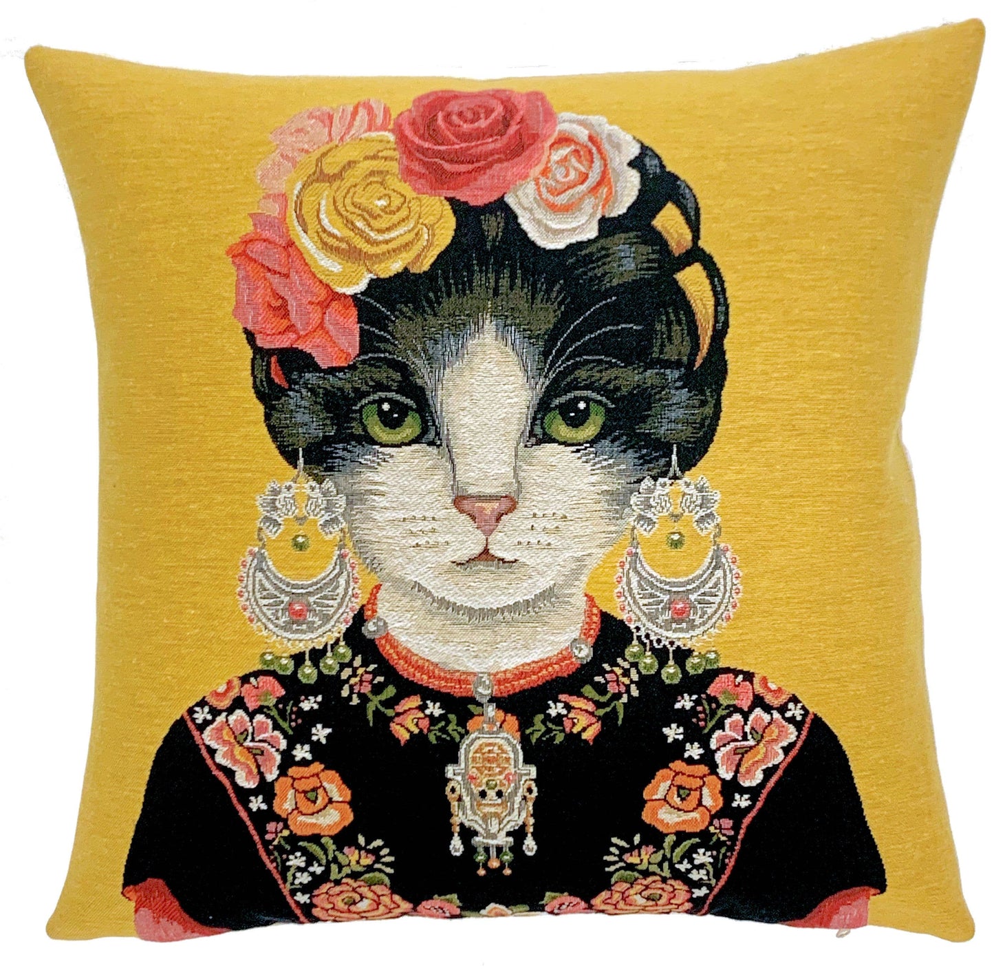 Frida Kahlo Cat Yellow Cushion Cover 18"