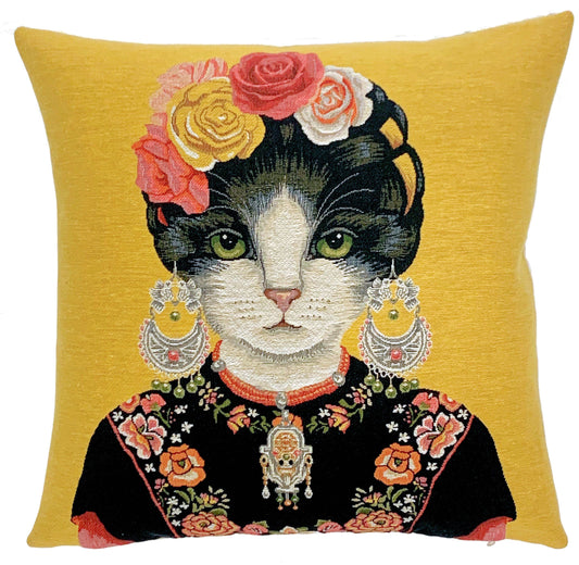 Frida Kahlo Cat Yellow Cushion Cover 18"