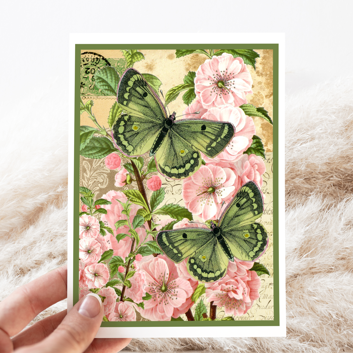 Greeting Card. Pink Flowers with Green Moths.