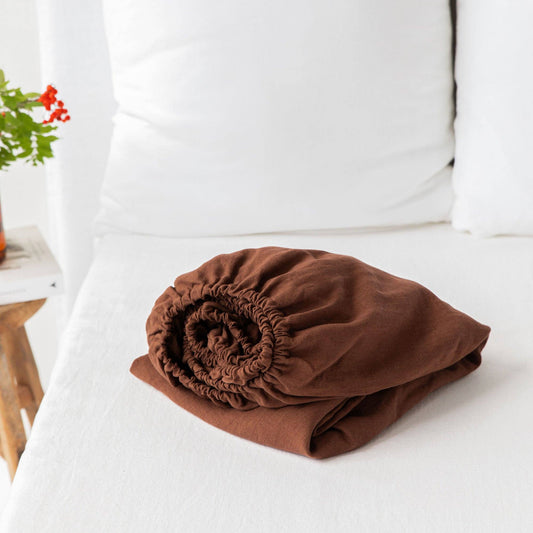 Chocolate linen fitted sheet Queen