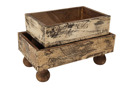 Farmhouse Tray w Feet Antiqued White