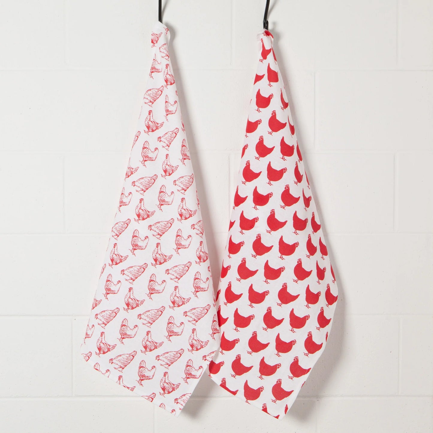 Chicken Print Red Floursack Dishtowel S/2